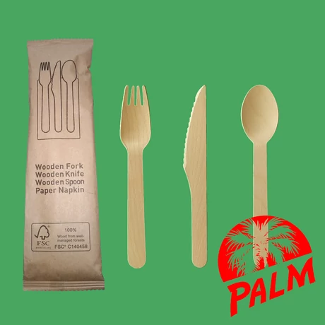 Csomagolt fa evőeszköz (kanál, kés, villa + szalvéta) - 16-16,5 cm